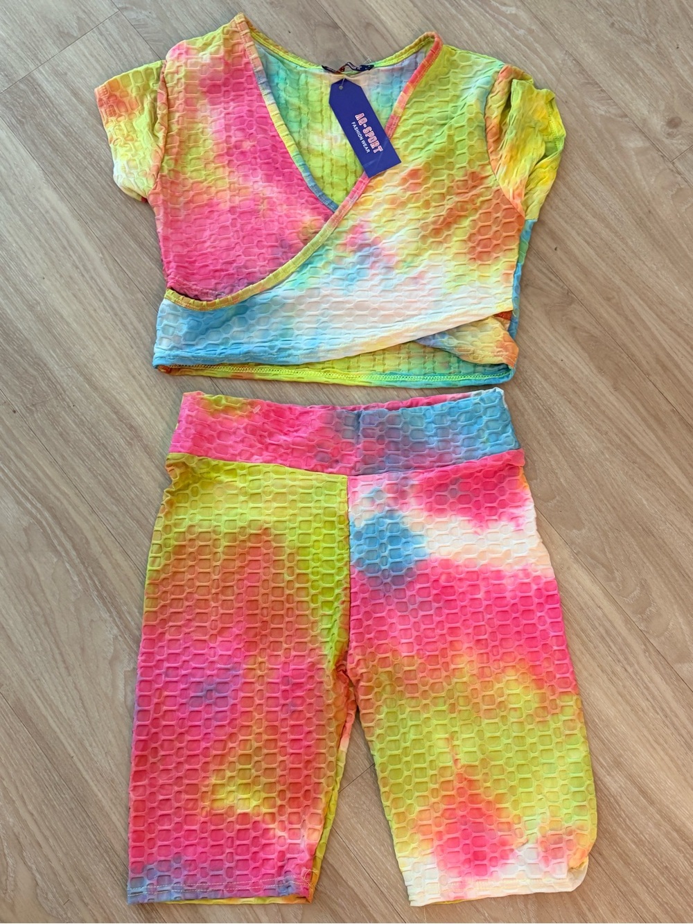 Tie-Dye Textured Two-Piece Crop Top & Bike Shorts Set